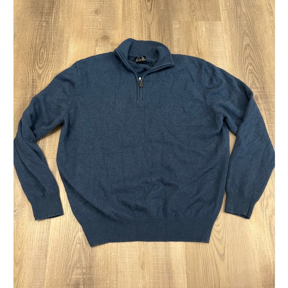 100% Cashmere Blue 1/4 Zip Sweater w/ Leather Zipper Pull
